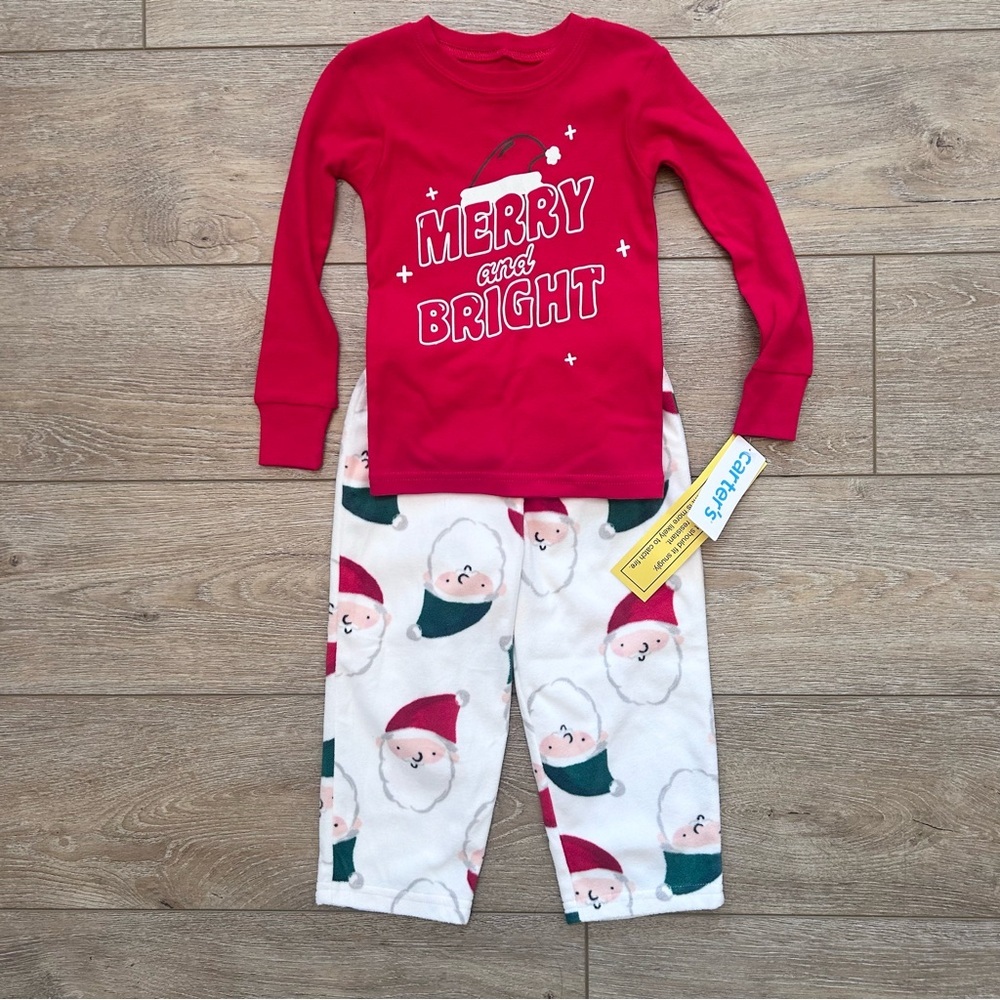 Carter’s Santa Christmas Pajama Set Sz 2T Red Merry‎ & Bright Warm Fleece NEW